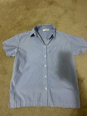 Blue and White Vertical Stripe Short-Sleeve Button-Up Shirt
